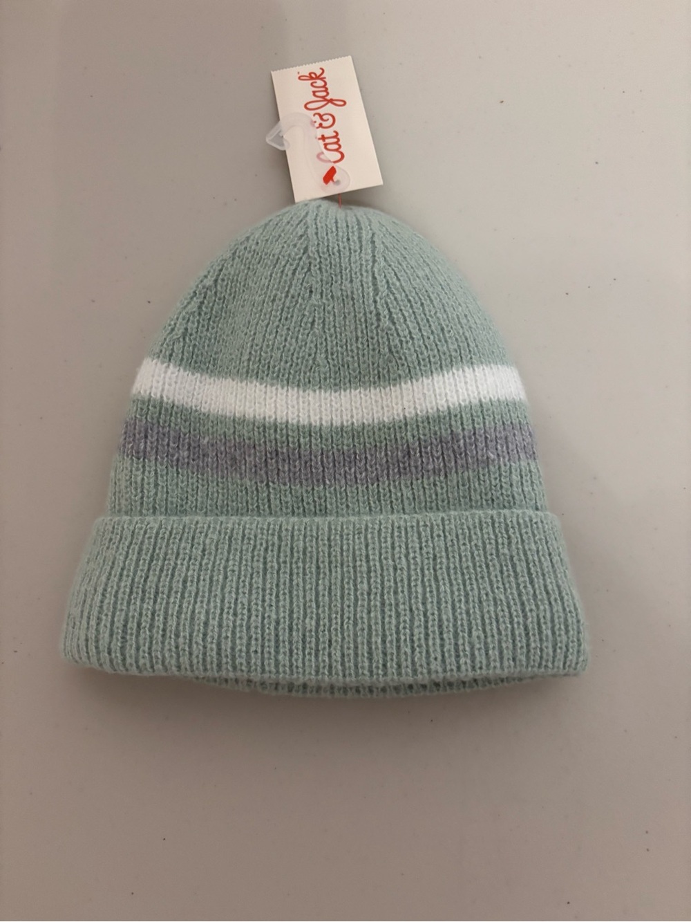 NWT Cat & Jack Mint Green Knit Beanie with White & Light Gray Stripe